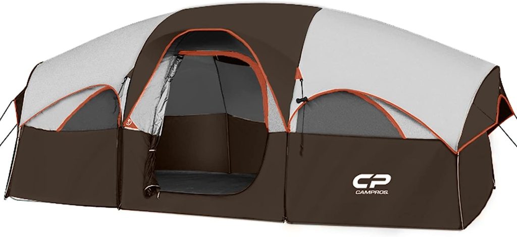CAMPROS CP Tent 8 Person Camping Tents, 2 Room Weather Resistant Family Tent with Top Rainfly, 5 Large Mesh Windows, Double Layer, Easy Set Up, Portable with Carry Bag