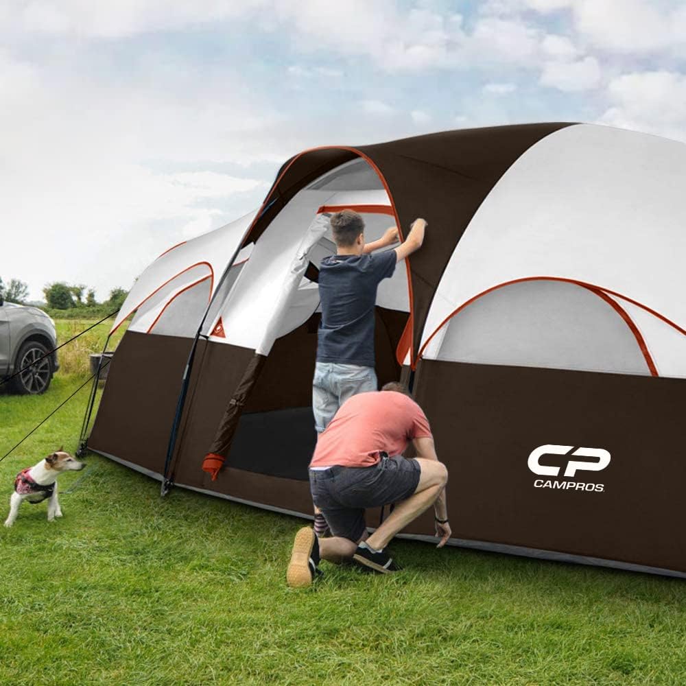 CAMPROS CP Tent 8 Person Camping Tents, 2 Room Weather Resistant Family Tent with Top Rainfly, 5 Large Mesh Windows, Double Layer, Easy Set Up, Portable with Carry Bag