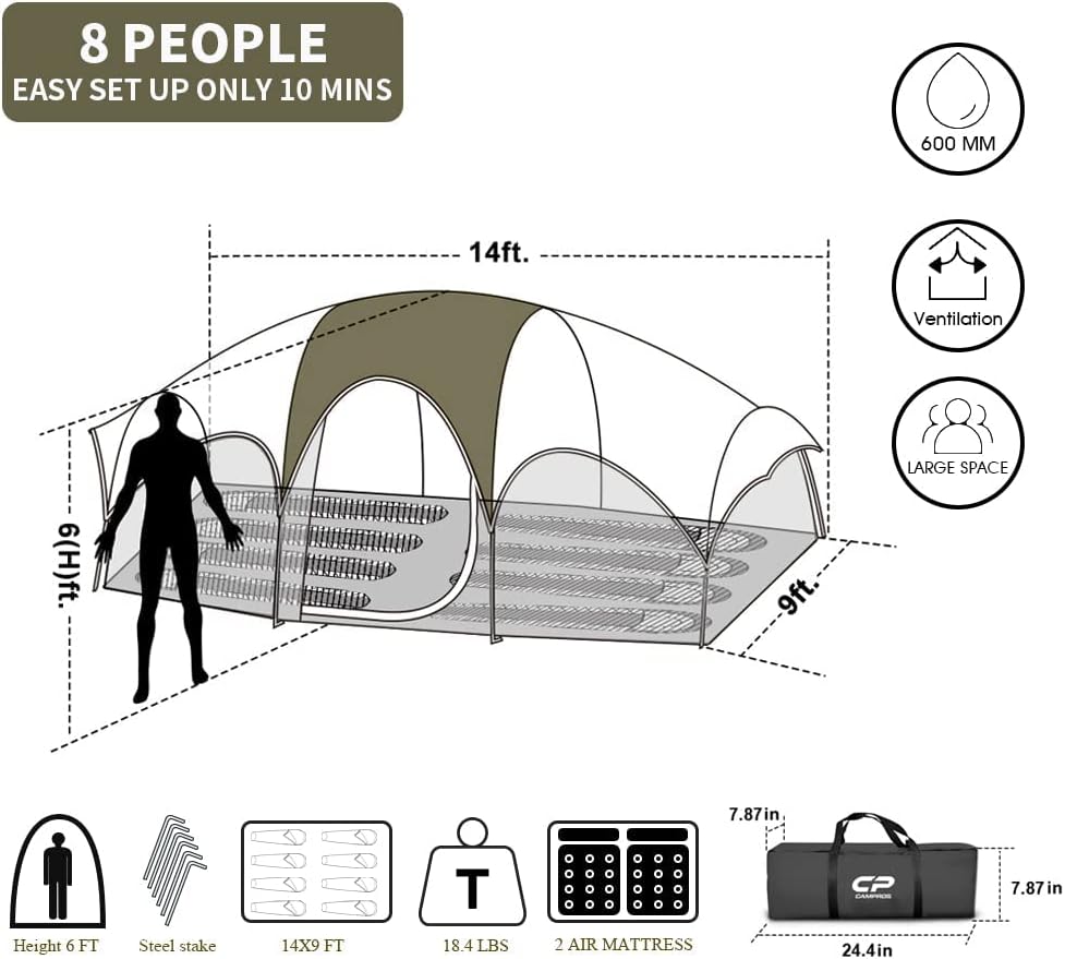 CAMPROS Tent-8-Person-Camping-Tents, Waterproof Windproof Family Tent, 5 Large Mesh Windows, Double Layer, Divided Curtain for Separated Room, Portable with Carry Bag