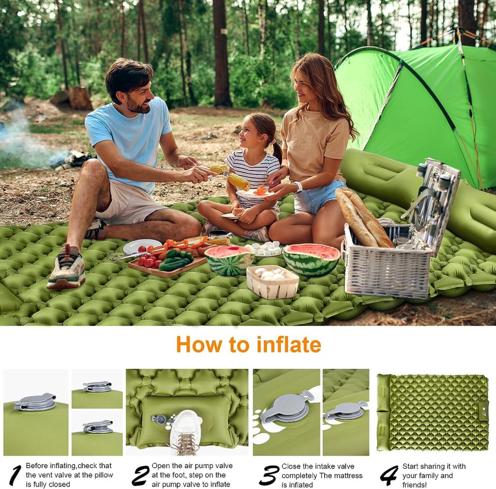Gukkicco Camping Sleeping Pad, Ultralight Self Inflating Camping Pad 2 Person with Pillow Built-in Foot Pump for Camping, Hiking - Airpad, Carry Bag, Repair Kit