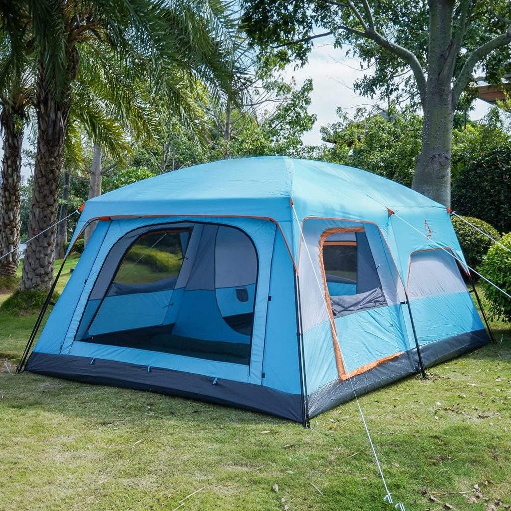 KTT Extra Large Tent 12 Person(Style-B),Family Cabin Tents,2 Rooms,Straight Wall,3 Doors and 3 Windows with Mesh,Waterproof,Double Layer,Big Tent for Outdoor,Picnic,Camping,Family Gathering