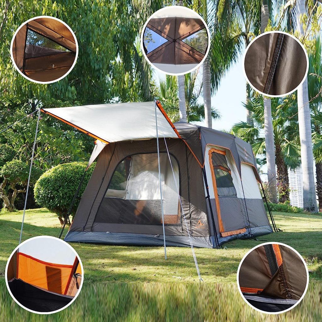 KTT Instant Tent 6 Person,Large Family Cabin Tents,Automatic pop up Tent Build Quickly in 60S,2 Rooms,2 Top Windows,3 Doors and 3 Windows with Mesh,Waterproof,Big Tent for Outdoor,Picnic,Camping.