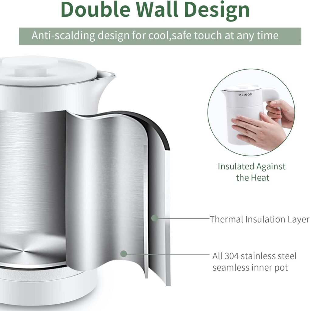 0.6L Small Electric Kettles Stainless Steel, Travel Mini Hot Water Boiler Heater, Double Wall Cool Touch Portable Teapot, Auto Shut-Off  Boil-Dry Protection, 120V/800W, 2 Year Warranty (white)