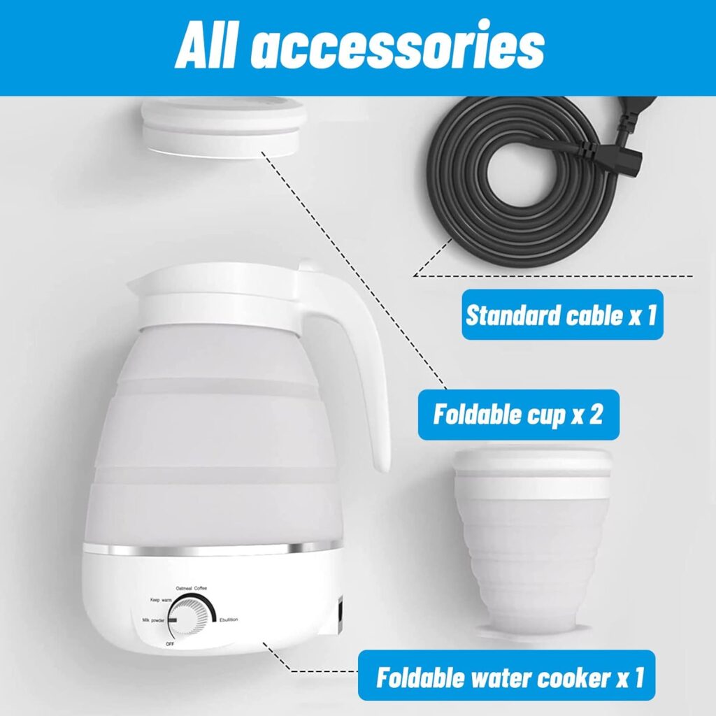 600ML Collapsible Electric Kettle, Portable Kettle with 2 Foldable Cups 850W Silicone Small Travel Kettle Water Boiler Fast Heating Water Kettle Milk Coffee Tea for Outdoor Hiking Camping (White)