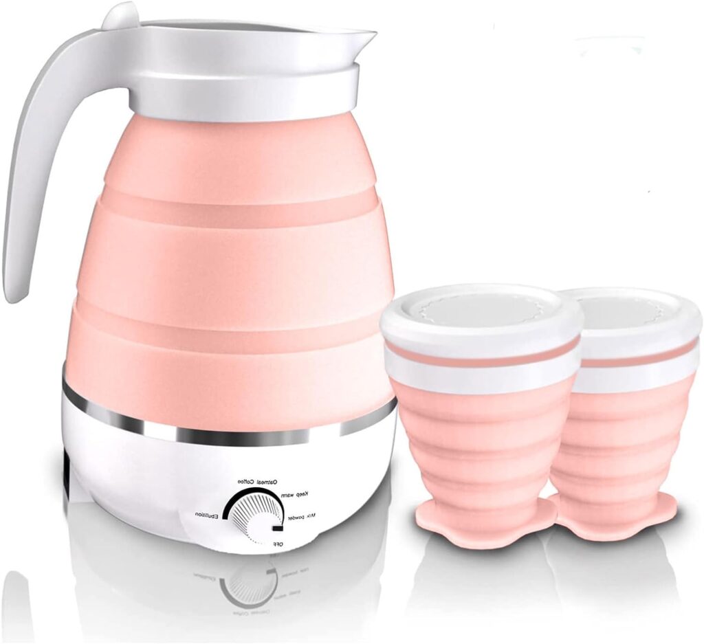 600ML Foldable Electric Kettles for Boiling Water, 110V Silicone Hot Water Kettle Electric with 2 Cups, Collapsible Portable Electric Kettle Travel for Coffee, Tea, Boiling Water (Pink)