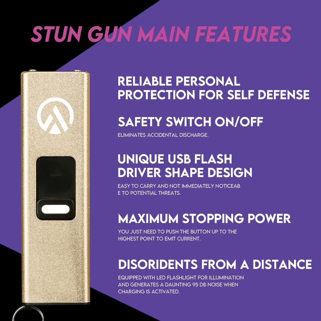 AIMHUNTER 10 Mini Volt Micro Stun Gun for Woman Worlds Smallest Stun Gun Rechargeable with LED Flashlight Safety Switch (Gold)