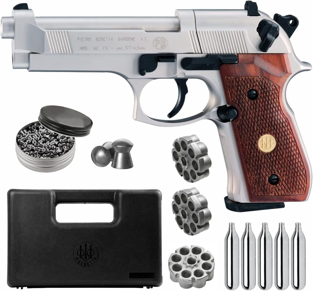 Beretta M92FS Air Gun with 5x12 CO2 Tanks and Pack of 500ct Lead Pellets Bundle (Nickel/Wood+Mag+Accessories)