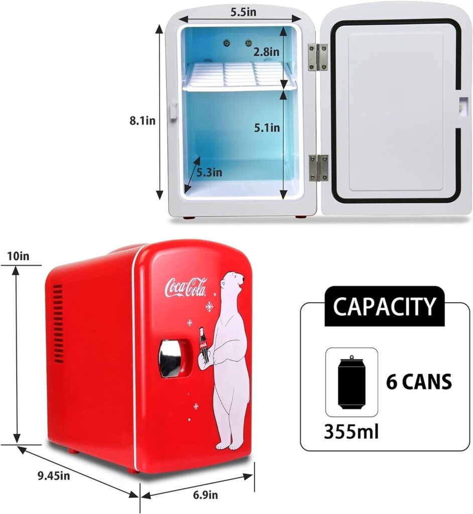 Coca-Cola Exclusive Polar Bear Portable 6 Can Thermoelectric Mini Fridge Cooler/Warmer, 4 L/4.2 qt, Red, 12V DC/110V AC for home, dorm, car, boat, beverages, snacks, skincare, cosmetics
