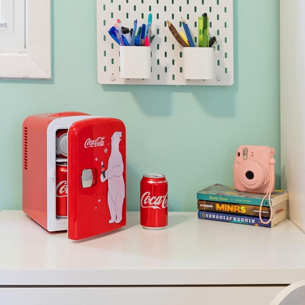 Coca-Cola Exclusive Polar Bear Portable 6 Can Thermoelectric Mini Fridge Cooler/Warmer, 4 L/4.2 qt, Red, 12V DC/110V AC for home, dorm, car, boat, beverages, snacks, skincare, cosmetics