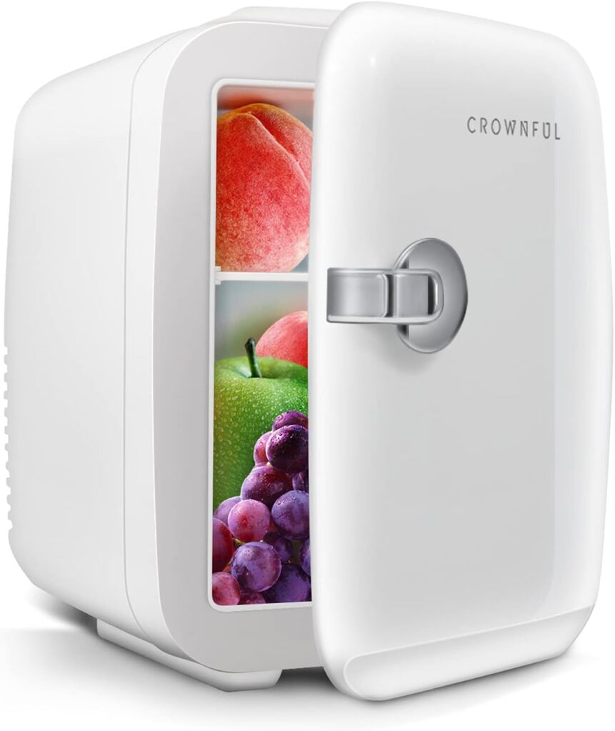 CROWNFUL Mini Fridge, 4 Liter/6 Can Portable Cooler and Warmer Personal Refrigerator for Skin Care, Cosmetics, Beverage, Food,Great for Bedroom, Office, Car, Dorm, ETL Listed (White)