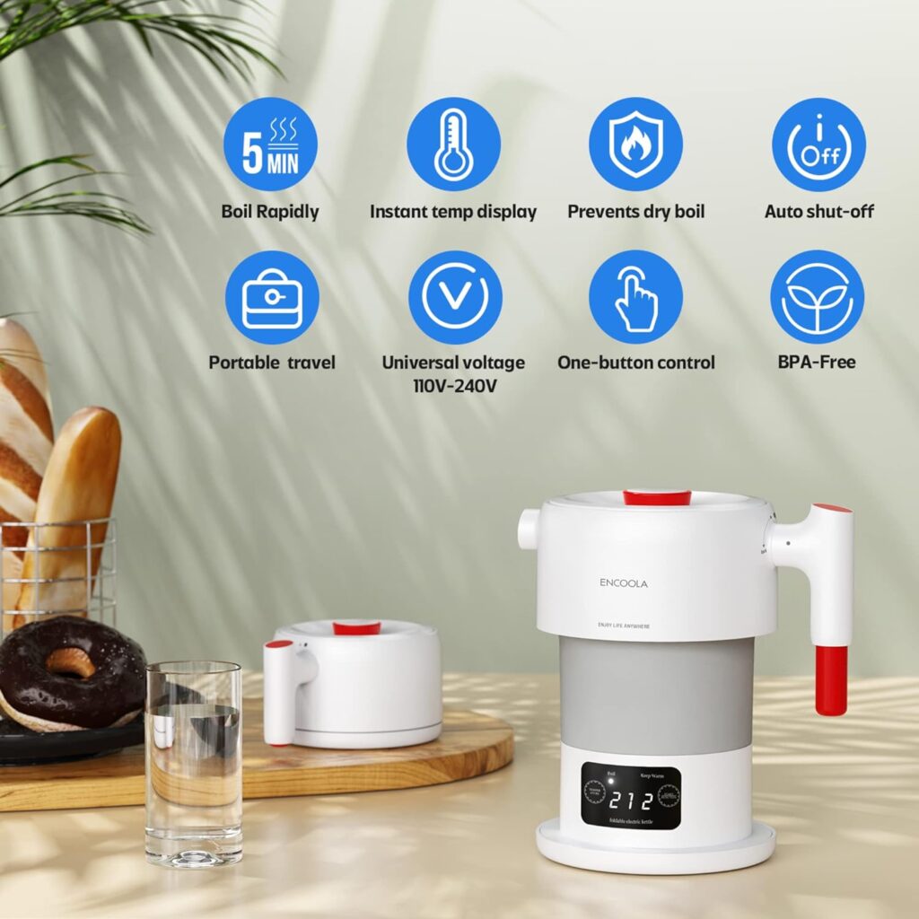 Encoola Travel Foldable Electric Kettle 110V-240V Portable Small Tea Kettle 850W Collapsible Hot Water Kettle 600ml Baby Bottle Heater Dual Voltage BPA Free
