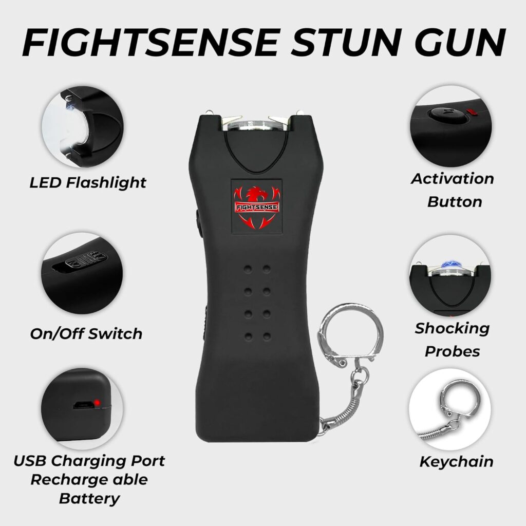 FIGHTSENSE Pepper Spray  2-in-1 Stun Gun with Flashlight, Self Defense Kit, 25 Bursts, 14 Ft. Range, Painful 1.60 µC Charge, 120 Lumen LED Light, Rechargeable Battery