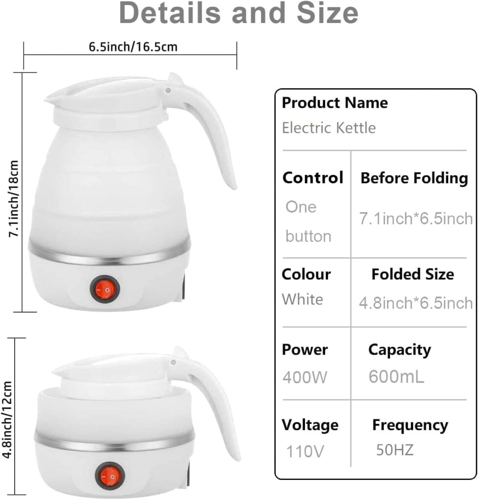 Foldable Electric Kettle, Upgraded Food Grade Silicone,600ML Small Portable Travel Electric Kettle, 400W Travel Electric Kettle, 110V US Plug (600ML)