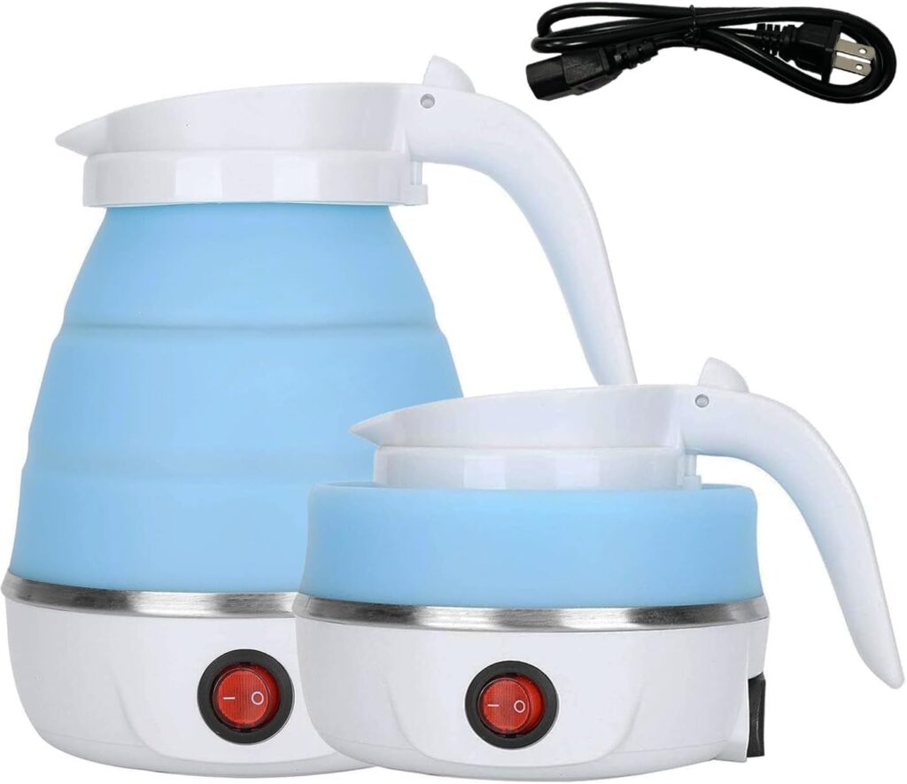 Foldable Electric Travel Kettle - Portable and Convenient Silicone Collapsible Water Boiler and Tea Pot for Camping - Easy Storage with Detachable Power Cord （Blue）