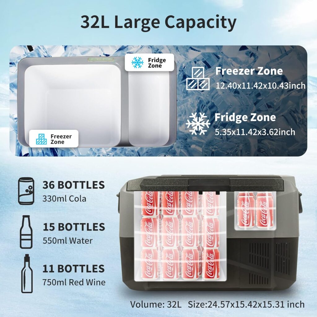 Jinsanity Performance 12 Volt Refrigerator, D-35A Dual Temperature Control 32L(30 Quart) Portable Fridge Refrigerator for Truck, RV, Boat, Camping and Travel (Grey)