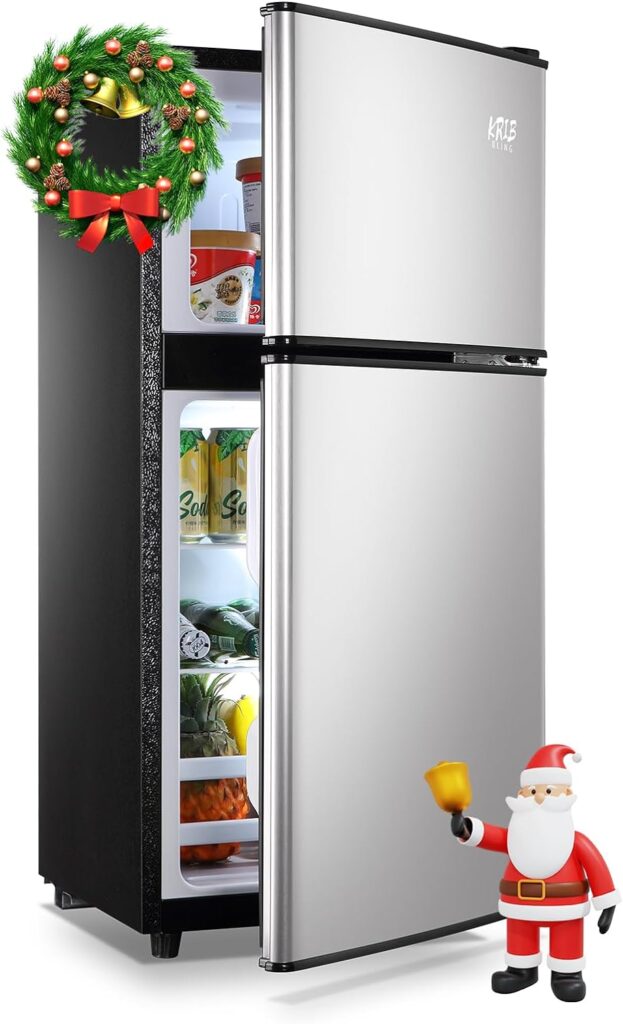 KRIB BLING Mini Fridge with Freezer on Top, 3.5 Cu.Ft Compact Refrigerator with 7 Levels Adjustable Thermostat, Small Fridge for Dorm, Office, RV Camping, Silver