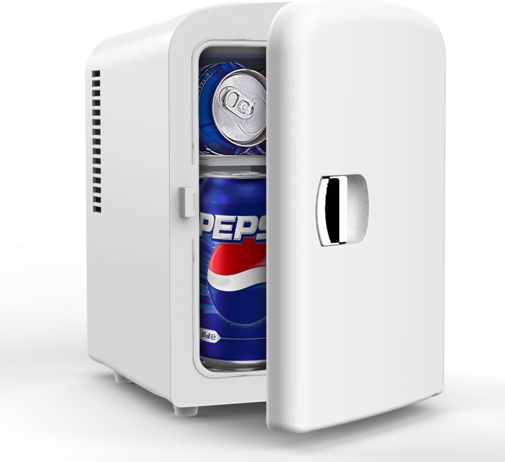 PERSONAL CHILLER Portable Mini Fridge Cooler and Warmer, 4 Liter Capacity Chills Six 12 oz Cans, Snacks, and Skincare Products, A/C Operation, 100% Freon-Free（White）