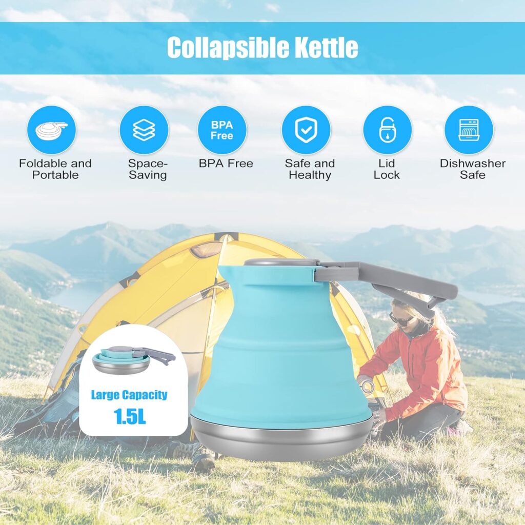 Portable Collapsible Camping Kettle, 1.5L/ 52OZ Foldable Silicon Coffee Pot for Outdoor Camping, Hiking, Traveling, with 1 Collapsible Bowl and 2 Collapsible Cups, Excellent Gift