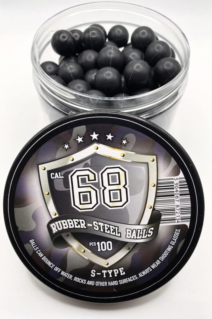 RUBBER-STEEL BALLS 100 pcs S-Type Premium Quality Hard Rubber Steel Balls Paintballs Powerballs 7 gr. Heavy Ammo for Self Home Defense Training Pistols in 68 Caliber