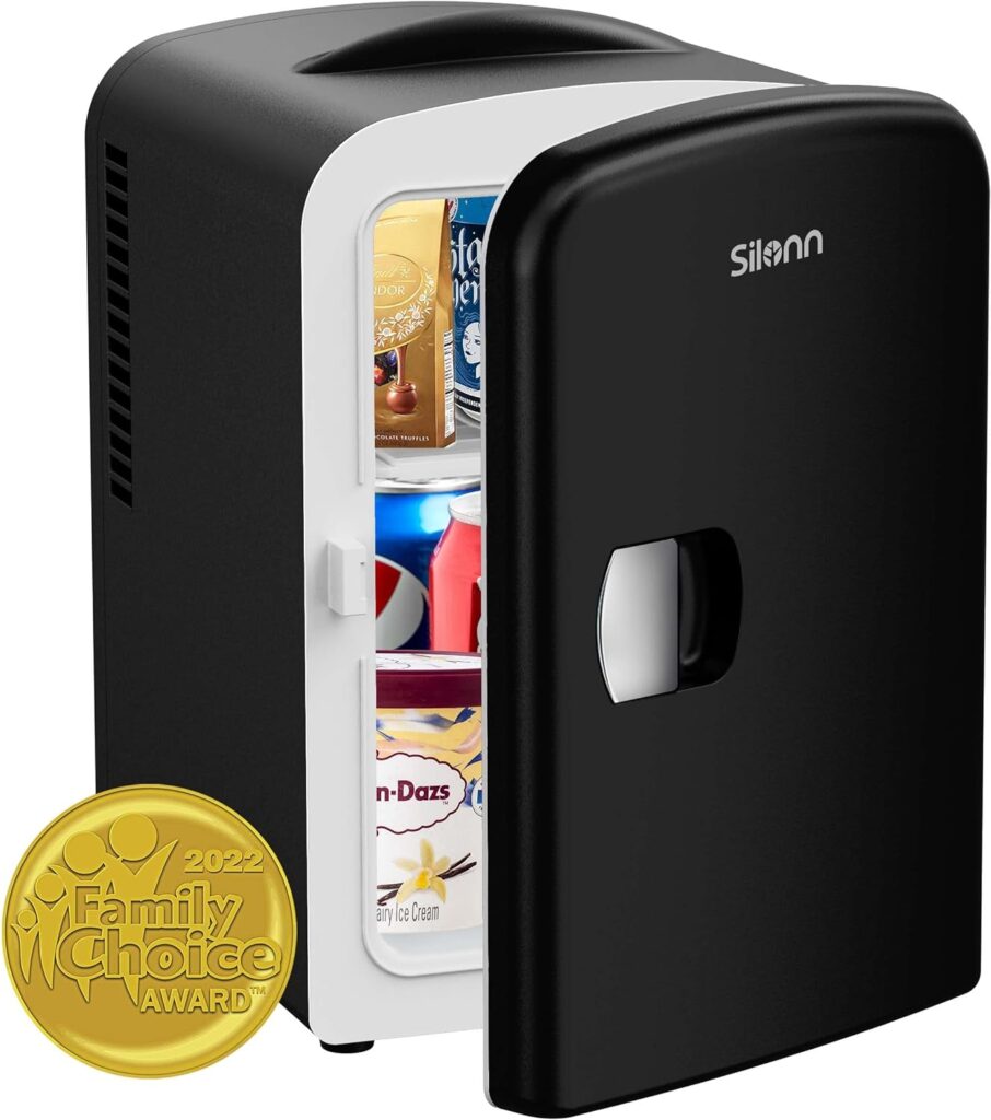 Silonn Mini Fridge, Portable Skin Care Fridge, 4 L/6 Can Cooler and Warmer Small Refrigerator with Eco Friendly for Home, Office, Car and College Dorm Room, Compact Refrigerator and Black (SLRE01B)