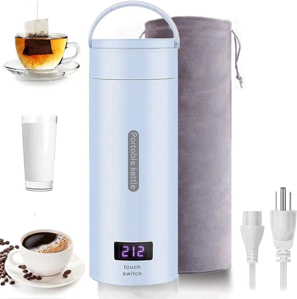 Small Portable Travel Electric Kettle, 380ML Mini Tea Kettle with 4 Variable Presets, 304 Stainless Steel Water Boiler, with Auto Shut-Off  Boil Dry Protection, BPA Free(Blue)