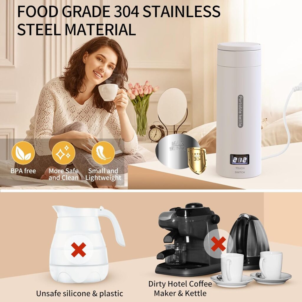 Travel Electric Kettle - Small Portable Mini Tea Coffee Hot Water Kettle Water Boiler for Travel  Work with Cup Bag, 304 Stainless Steel, 4 Temperature Controls, Auto Shut Off  Boil Dry Protection