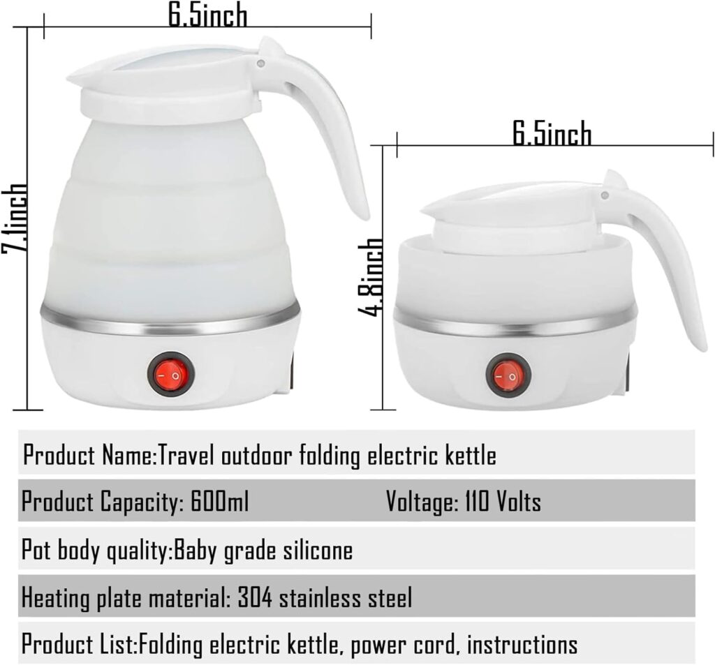 Travel Foldable Electric Kettle, Collapsible Food Grade Silicone Small Kettle Boiling water,Dual Voltage - 600ml,110-220V - White