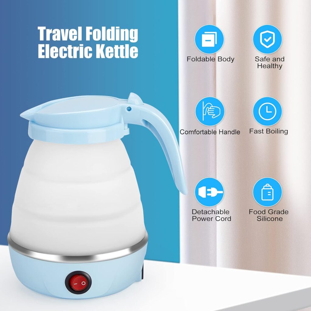 Travel Foldable Electric Kettle, Collapsible Portable Kettle for Fast Water Boiling Tea Coffee, with 1 Collapsible Bowl and 2 Collapsible Cups, Food Grade Silicon, 600ML 110V