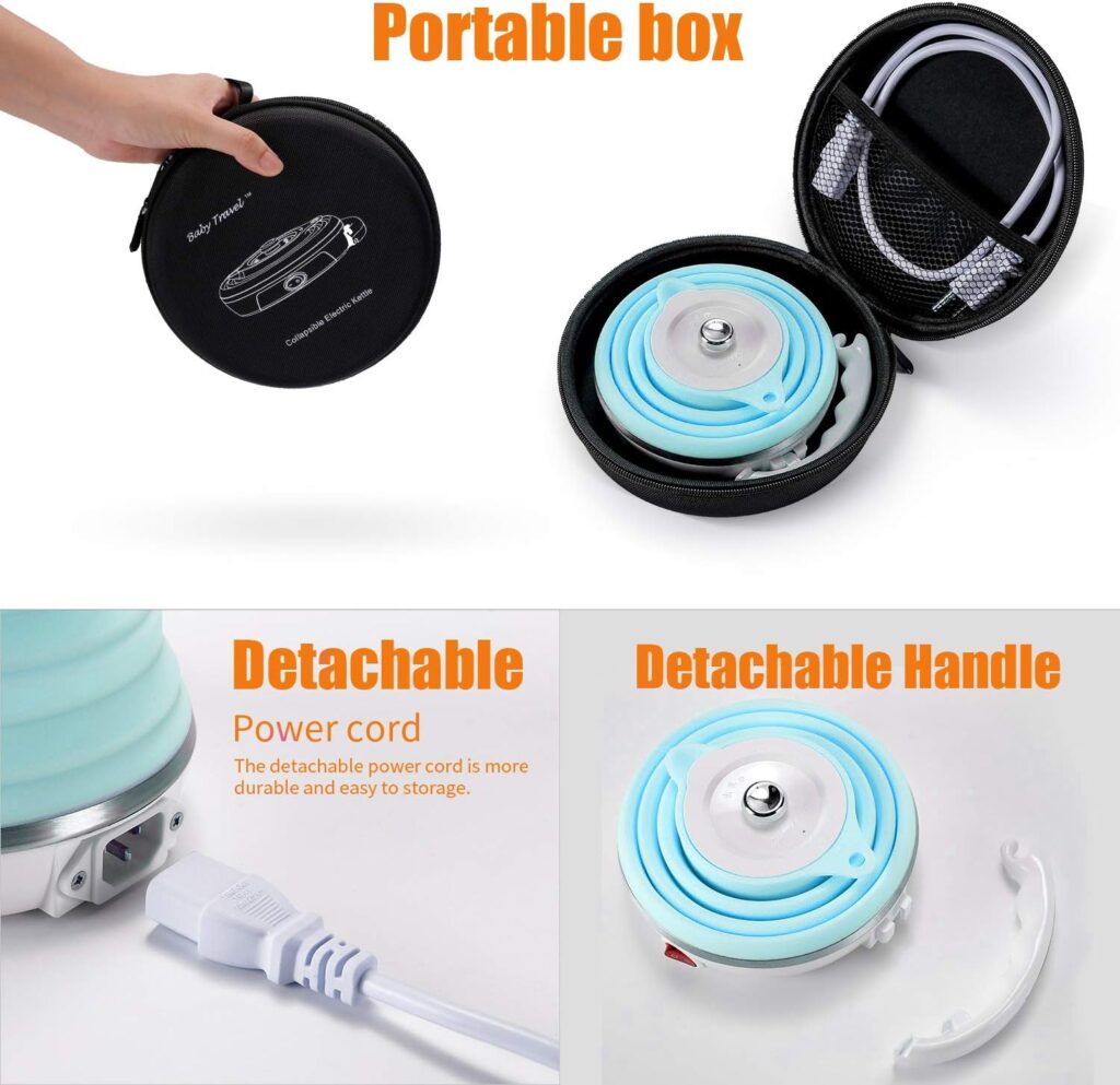 Travel Foldable Electric Kettle - Food Grade Silicone - Meonxy Collapsible Portable Tea Kettle - Boil Dry Protection - Dual Voltage and Separable Power Cord - 555ml - 110/220V