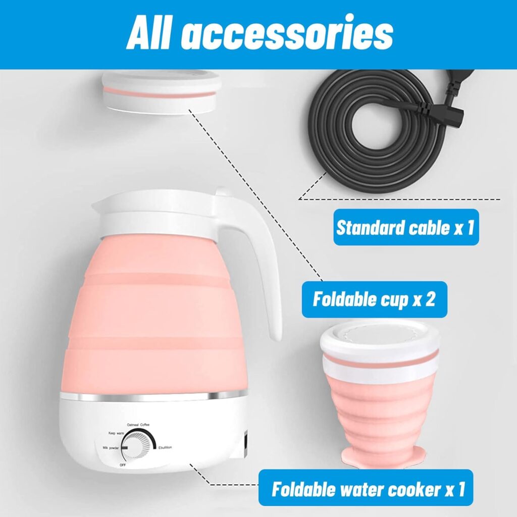 Travel Kettle,600ML Foldable Electric Kettle Food Grade Silicone Ultrathin Electric Water Kettle with 2 Collapsible Cup, Portable Kettle with Separable Power Cord,Quick Boiling for Hiking (pink)