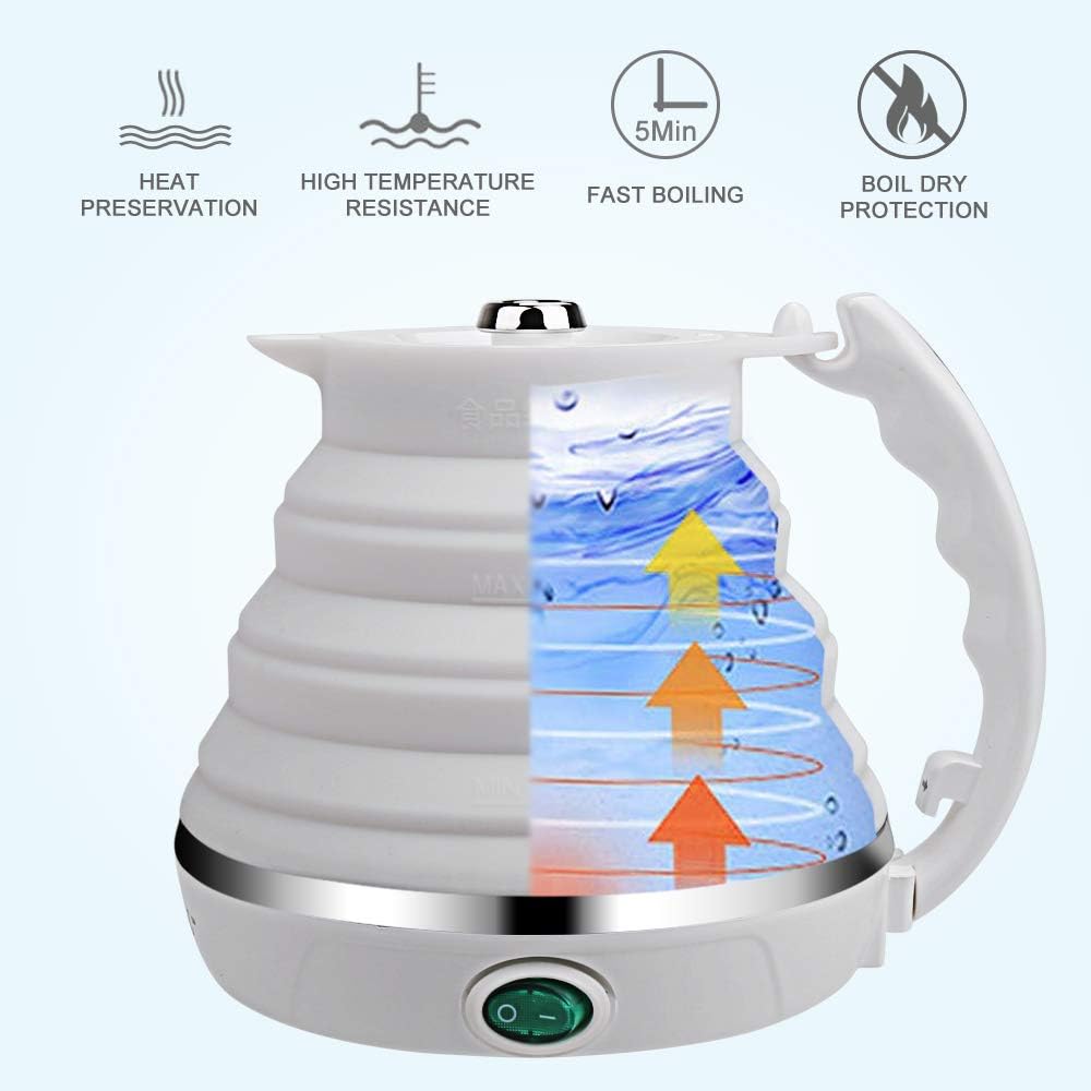 Upgrade Travel Kettle, ShineMe Food Grade Silicone Dual Voltage 110-220V Ultrathin Portable Electric Water Kettle with Cup, Universal Adaptor and Detachable Power Cord, 555ML (White)