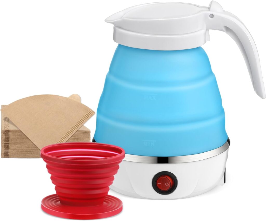 Ziliny 3 Packs Camping Coffee Makers Include 1 Collapsible 600ml Electric Kettle Foldable Silicone Travel Kettle, 1 Coffee Dripper Coffee Pour over and 1 Pack Coffee Filters for Hiking(Blue, Red)