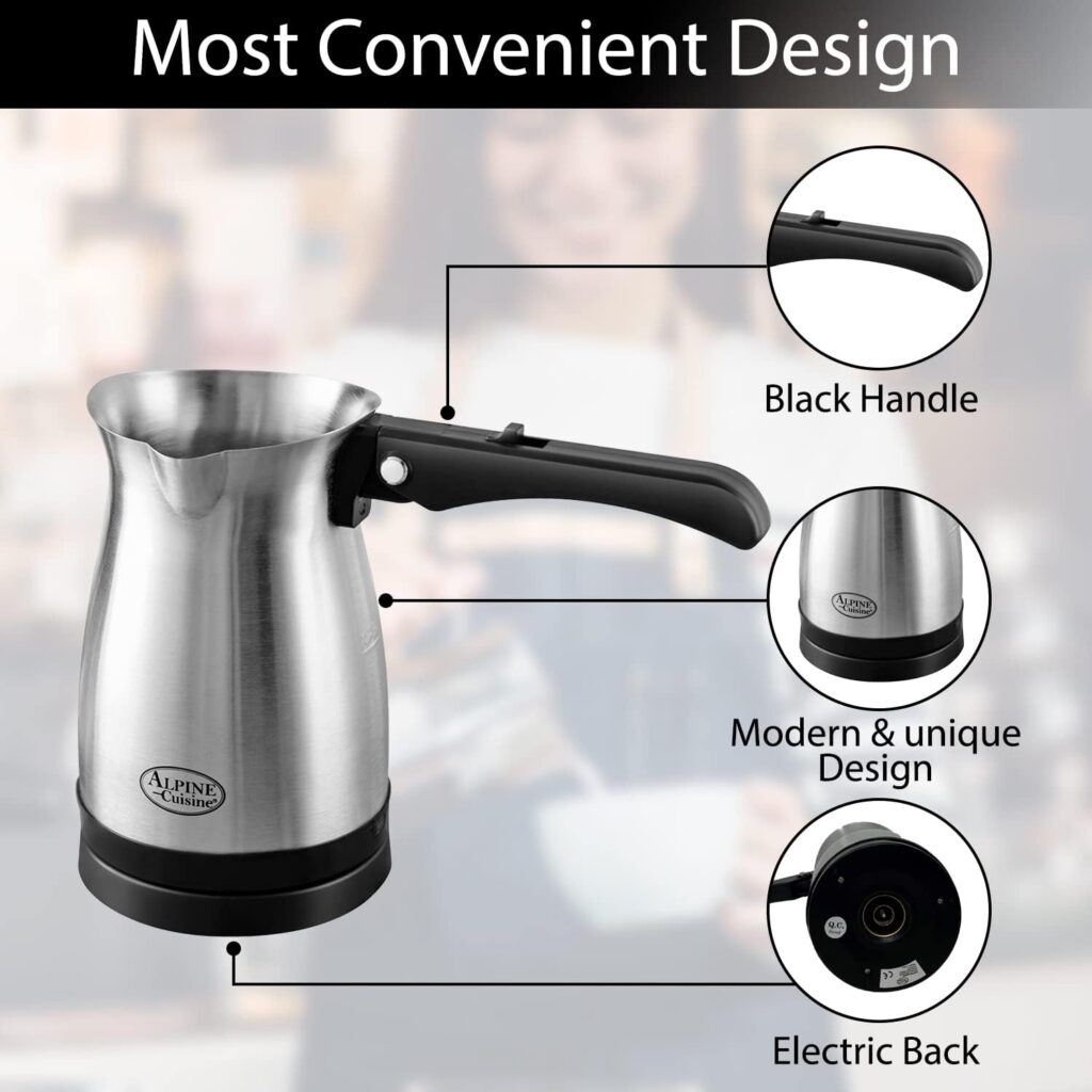 Arabic, Greek,  Turkish Electric Coffee Maker Machine Pot Warmer Kettle Premium Quality Stainless Steel 0.3 L, 4 Cup Capacity Cool Touch Handle Cordless Base (Foldable Handle, Travel Size)