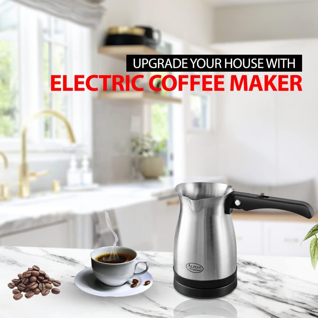 Arabic, Greek,  Turkish Electric Coffee Maker Machine Pot Warmer Kettle Premium Quality Stainless Steel 0.3 L, 4 Cup Capacity Cool Touch Handle Cordless Base (Foldable Handle, Travel Size)
