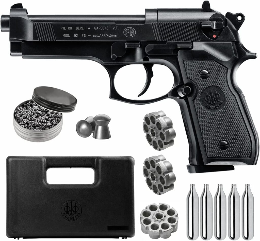 Beretta M92FS Air Gun with 5x12 CO2 Tanks and Pack of 500ct Lead Pellets Bundle (Black+Mag+Accessories)