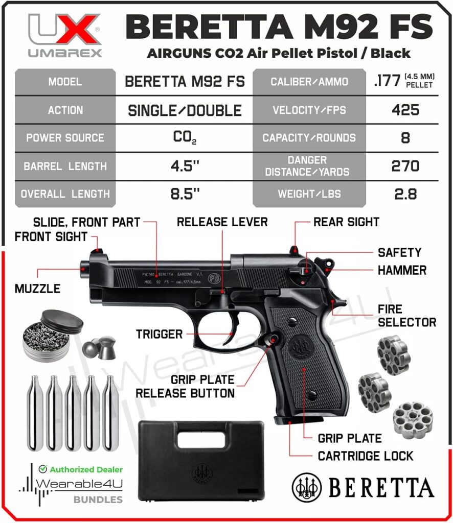 Beretta M92FS Air Gun with 5x12 CO2 Tanks and Pack of 500ct Lead Pellets Bundle (Black+Mag+Accessories)