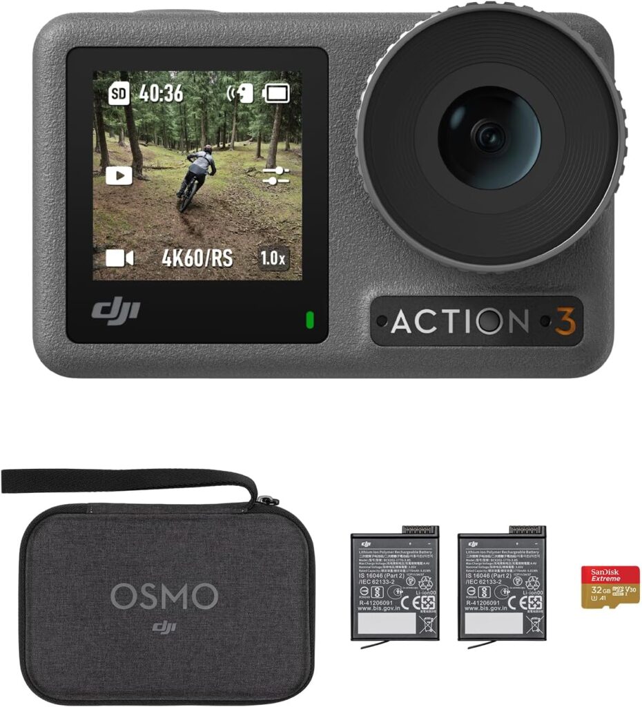 DJI Osmo Action 3 Creator Combo, Action Camera 4K + 155° Super-Wide FOV, 10-Bit Color Depth, Stabilization, Cold Resistant, 2 Batteries and 32GB microSD Card, Mini Action Camera for Vlog
