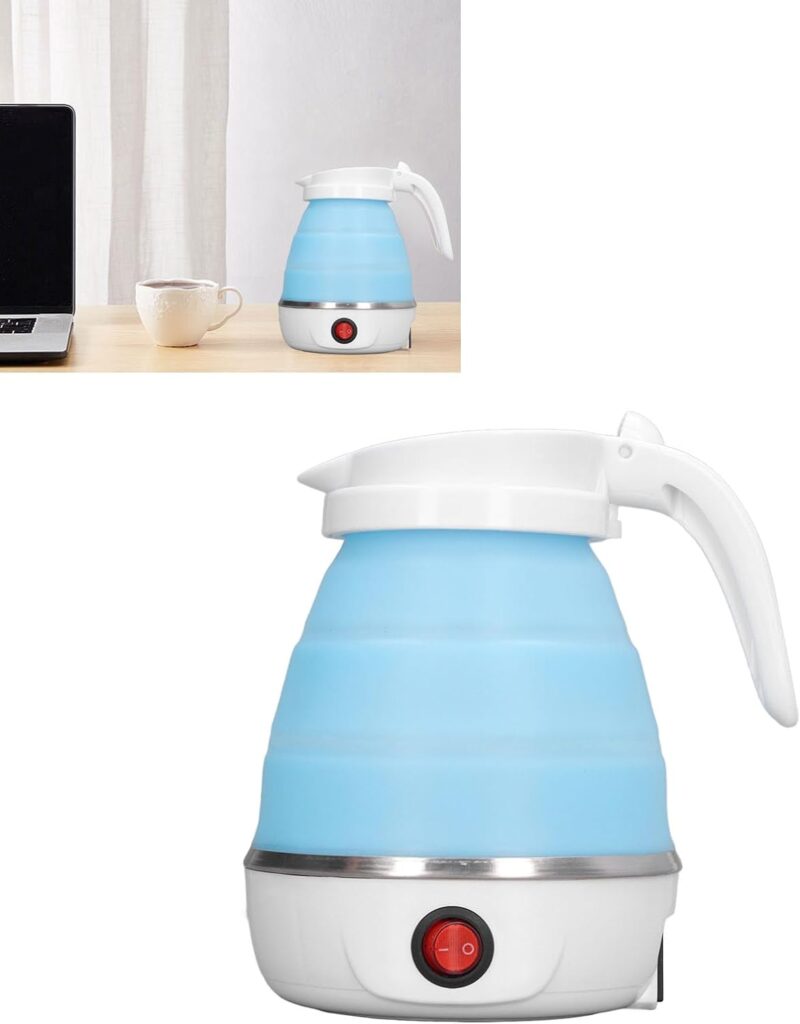 Foldable Travel Electric Kettle, Silicone and Stainless Steel 0.6L US Plug 110V Folding Electric Kettle with Separable Power Cord for Office (Blue)