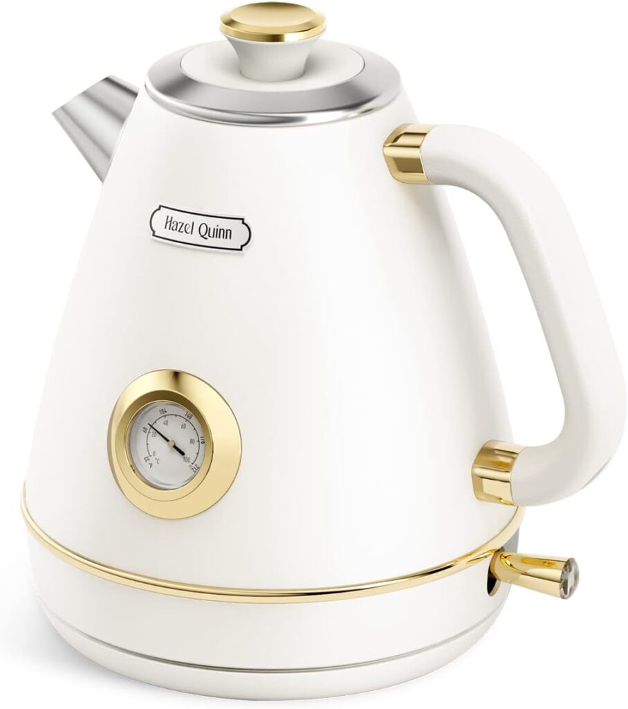 Hazel Quinn Retro Electric Kettle - 1.7 Liters / 57.5 Ounces Tea Kettle with Thermometer, All Stainless Steel, Fast Boiling 1200W, BPA-free, Cordless, Rotational Base, Automatic Shut Off - Pearl White