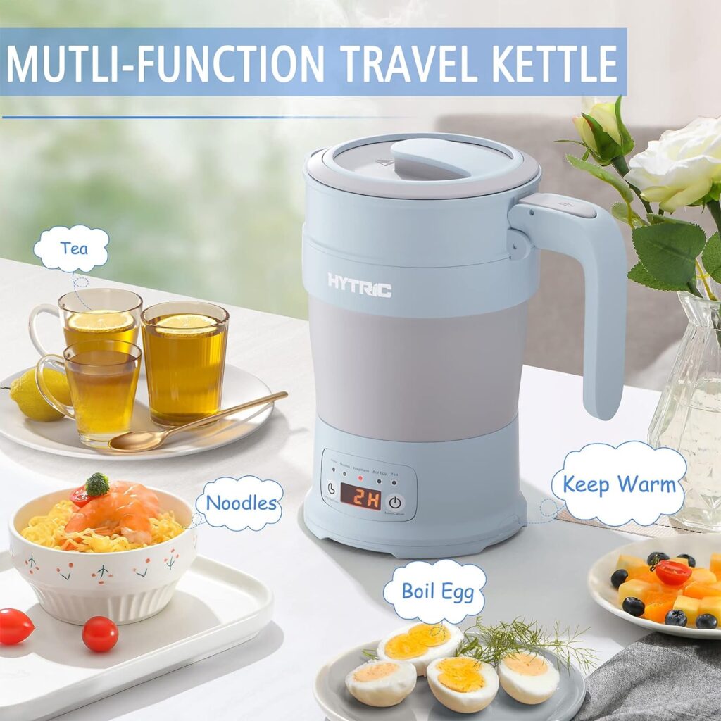 HYTRIC Travel Electric Kettle, 700ML Foldable Small Kettle  1.5L Electric Hot Pot, Portable Nonstick Frying Pan, Beige
