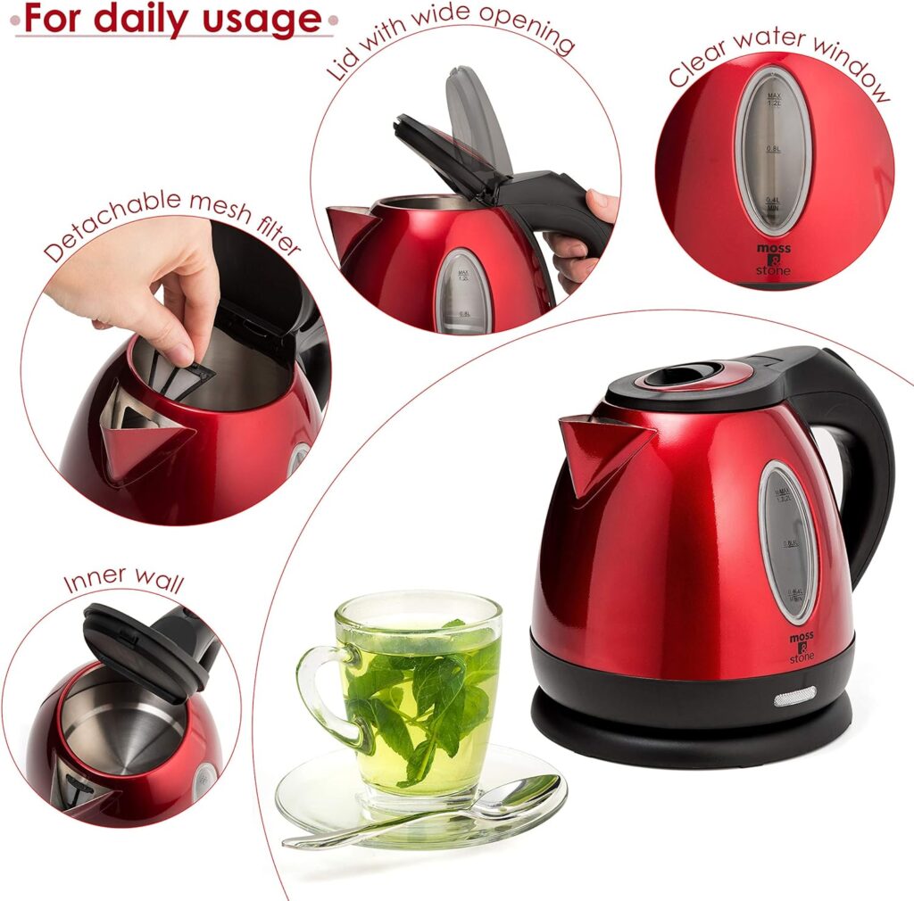 Moss  Stone Stainless Steel Electric Kettle Red Color, Cordless Pot 1.2L Portable Electric Hot Water Kettle1500w Strong Fast Boiling Pot, Electric Tea Kettle With Boil Dry Protection Red Kettle