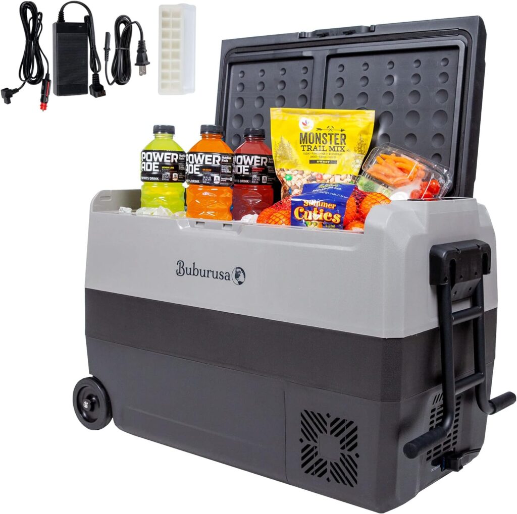 Portable Car RV Fridge Extended Tow Pull Handle (-4℉~68℉) - Mini Travel Cooler - Electric Refrigerator - 50L/55Q - Dual-Zone Cooling, AC/DC Power Supply - for Vehicle, RV, Boat, Camping - Solar Ready