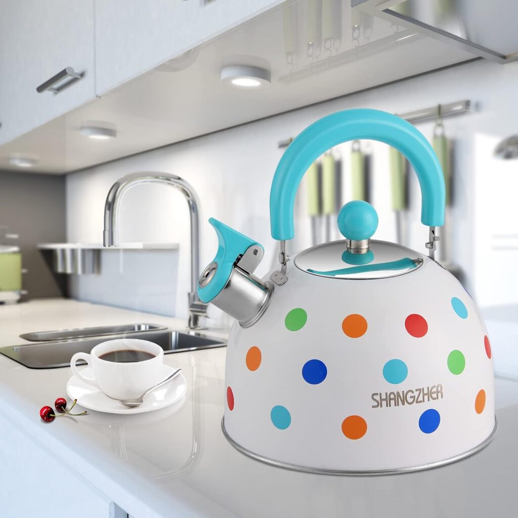 SHANGZHER Cute Tea Kettle Stovetop Whistling Colorful Polka Dots Kettle Stainless Steel Tea Pot Foldable Handle (Polka dots 2.6 Quart / 2.5 Liter)