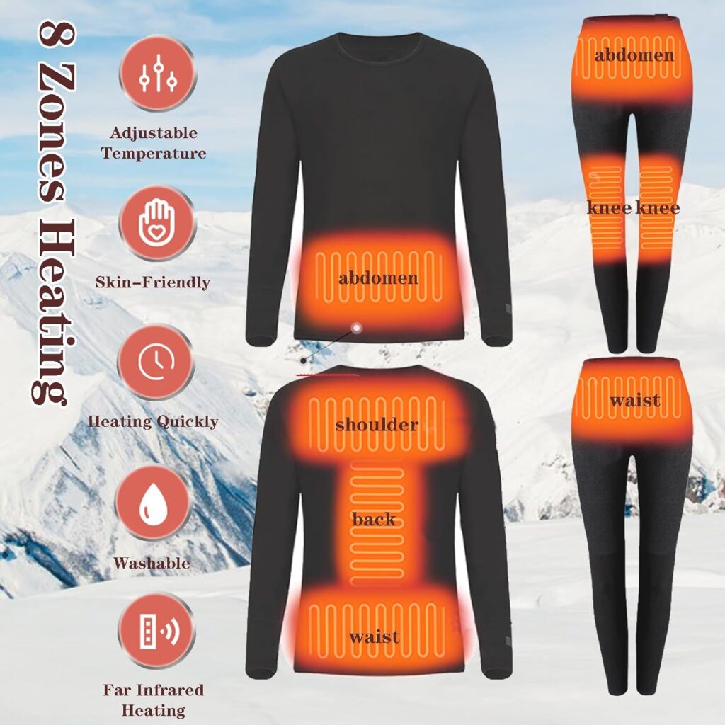 VLOBAOM Mens Womens Electric Heated Thermal Underwear Set, Lightweight Thermal Top  Bottom Set for Hiking Camping