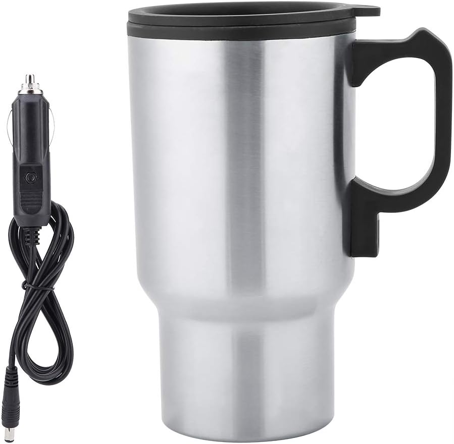 Car Electric Kettle 12V 450ml Stainless Steel Electric Heating Mug Travel Coffee Milk Water Heating Kettle Insulated Heated Thermos Mug for Camping