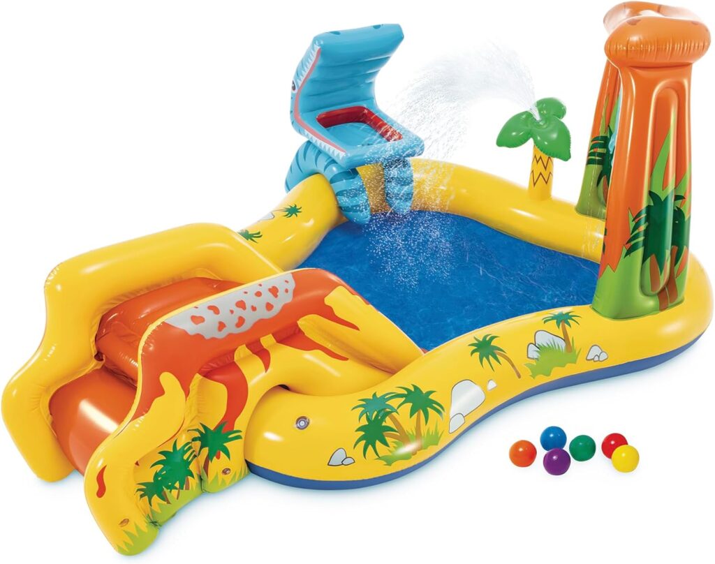 Intex Inflatable Kids Dinosaur Play Center Outdoor Playhouse Inflatable Pool Water Park with Slide, Water Sprayer, Waterfall, and 6 Balls, Multicolor