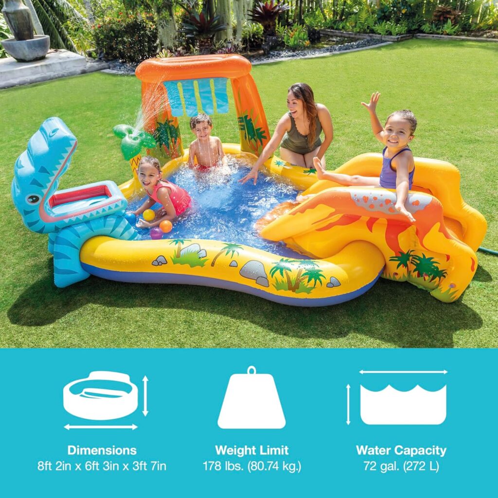 Intex Inflatable Kids Dinosaur Play Center Outdoor Playhouse Inflatable Pool Water Park with Slide, Water Sprayer, Waterfall, and 6 Balls, Multicolor