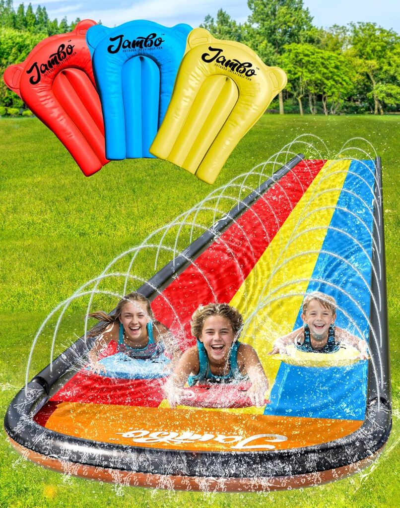 JAMBO Premium Triple Slip Splash and Slide with Bodyboards (Updated Model), Heavy Duty Water Slide with Advanced 3-Way Water Sprinkler System, Backyard Waterslide Outdoor Water Toys n Slides for Kids