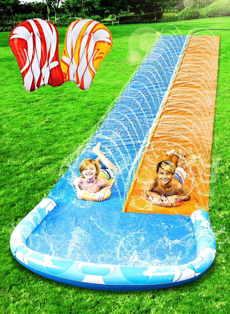 JOYIN 22.5ft Water Slides and 2 Bodyboards, Lawn Water Slide Summer Slip Waterslides Water Toy with Build in Sprinkler for Backyard Outdoor Water Fun for Kids