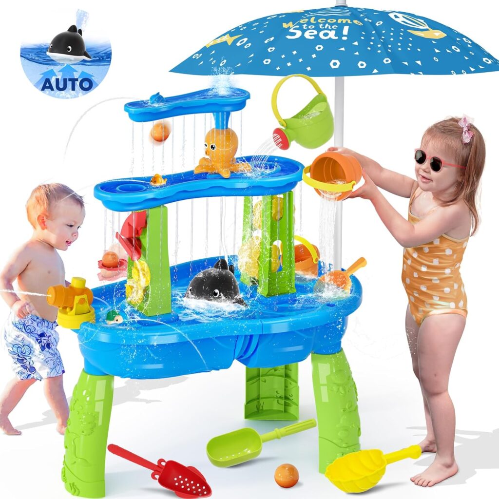 【2024 Newest】Auto Water-Absorbing Water Table for Toddlers 1-3, 3-Tier Kids Water Table with Umbrella Splash Pond, Outdoor Toys Sand and Water Table for Age 1-2 3-5, 20PCS Water Toy Accessories